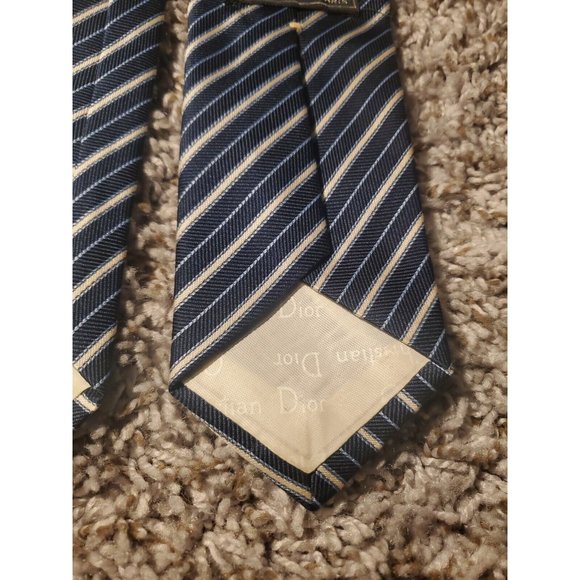 Christian Dior Vintage Navy Blue Stripe Polyester & Silk Blend Men’s Tie - Picture 4 of 7